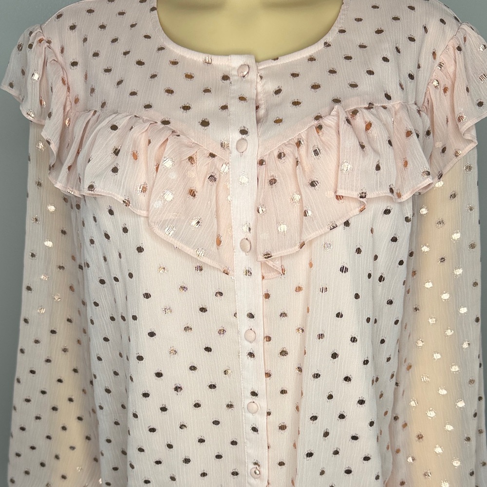 LC Lauren Conrad Blush Pink Metallic Polka Dot Ruffle Blouse Size Large - Picture 3 of 14
